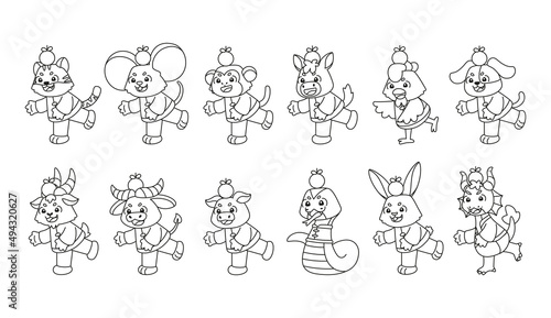 Set of different animal cartoons with traditional clothes Chinese zodiac sign Vector illustration