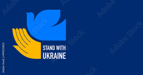 Flying bird, dove as a symbol of peace. Support Ukraine, Stand with Ukraine banner and poster in yellow and blue colors