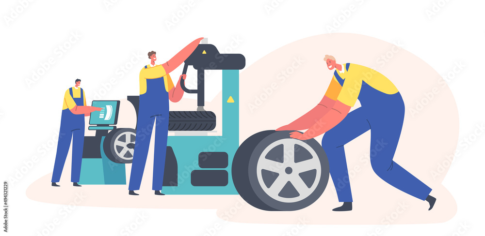Car Maintenance and Fixing Service. Workers Change Automobile Tires at Garage. Male Characters Wear Uniform Mount Tyres Car Maintenance and Fixing Service. Workers Change Automobile Tires at Garage. Male Characters Wear Uniform Mount Tyres