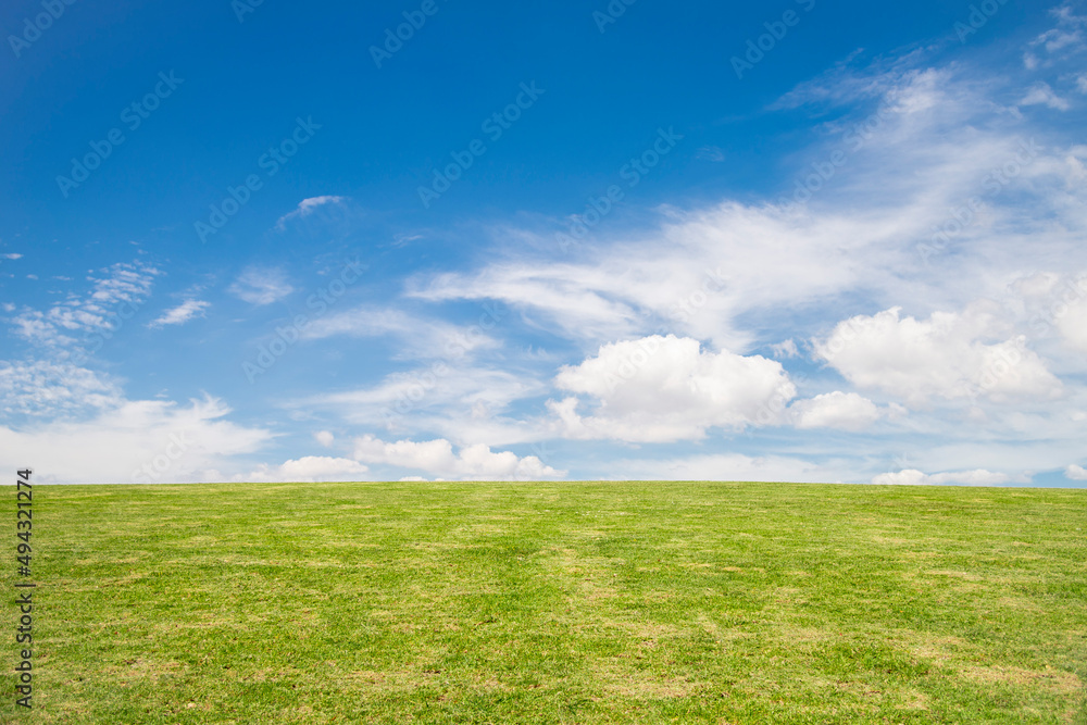 Beautiful prairie landscape with green grass and blue sky with clouds, ideal for wallpaper