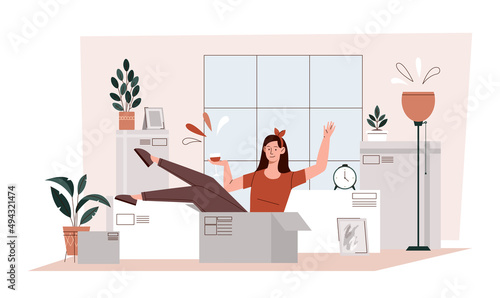 Concept of relocation. Young girl with wine in cardboard box. Rest in apartment, comfort and coziness. Hostess with things in new building, real estate purchase. Cartoon flat vector illustration