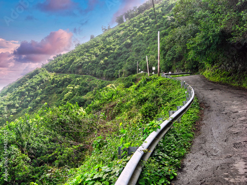 Waipio Valley Road, the steepest road in the USA leading down to Punaluu Black Sand Beach in Hawaii photo