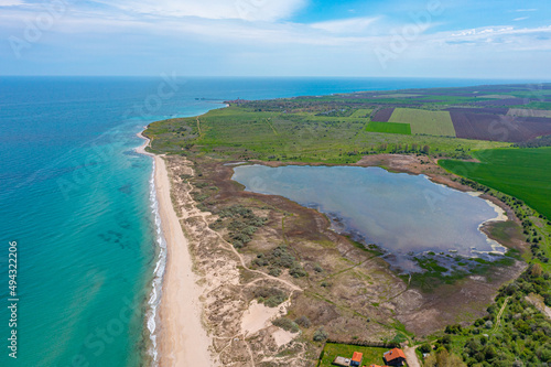 Aerial view of Shablenska tuzla beach and Shabla lake, Bulgaria. photo