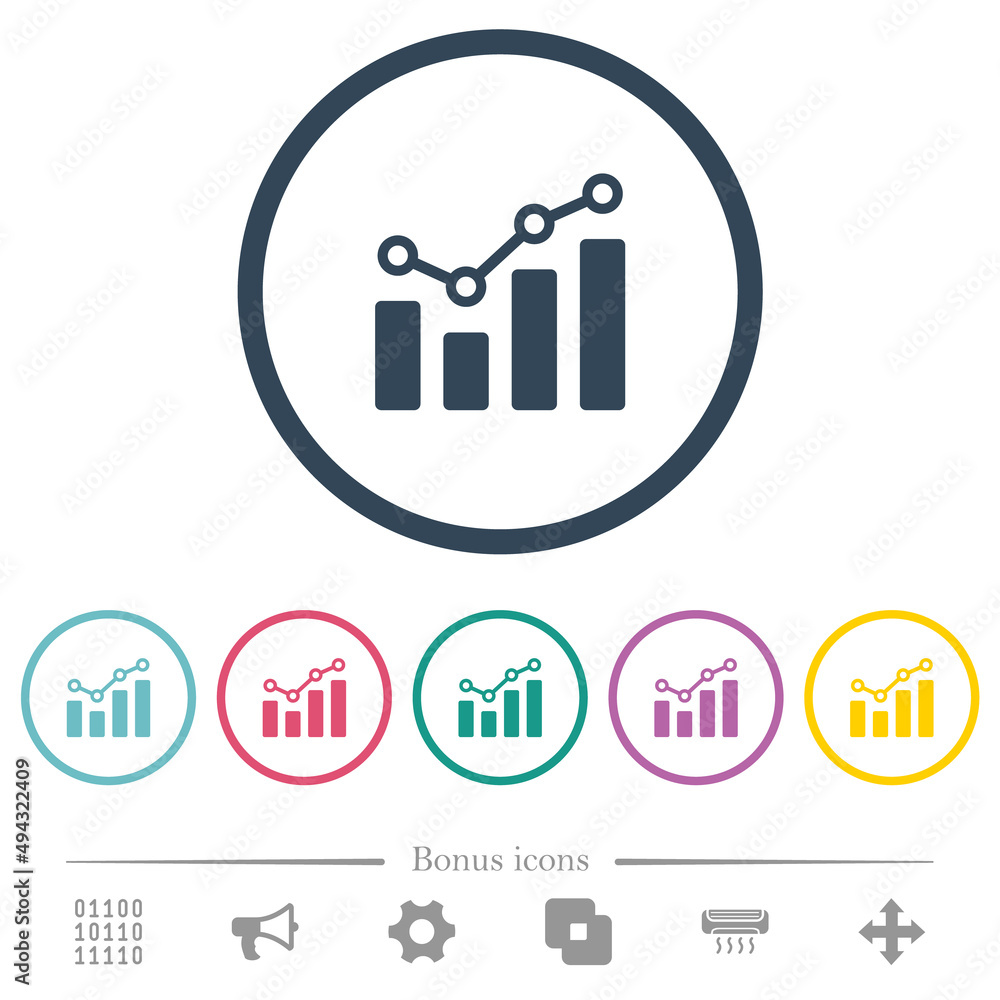 Bar graph with circles and lines flat color icons in round outlines Bar graph with circles and lines flat color icons in round outlines