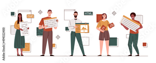Mix race developers. Collection of images with office workers. Set of characters, team and fellow programmers. Coding and software. Cartoon flat vector illustrations isolated on white background