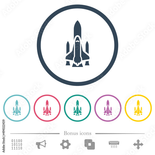 Space shuttle with launchers flat color icons in round outlines