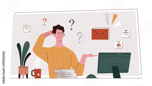 Man working remotely. Freelancer and employee, graphic elements for website. Young man in front of monitor or display. Deadline and overworked employee puzzled. Cartoon flat vector illustration