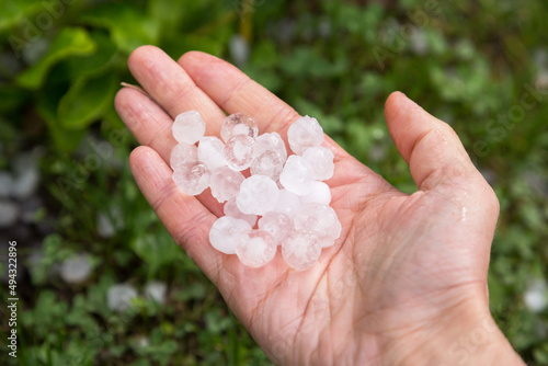 Hail after hailstorm in the palm of hand close up. Ice balls after tunderstorm