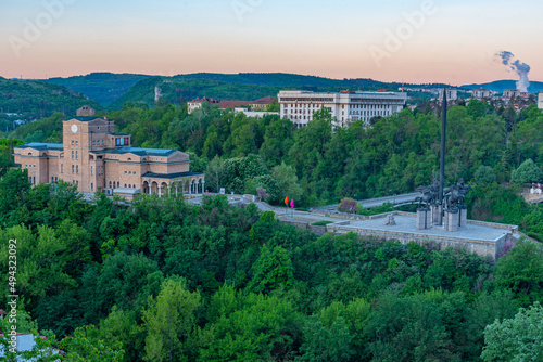 sunrise view of the State Art Gallery Boris Denev and the asenovtsi memorial in city of Veliko Tarnovo, Bulgaria. photo