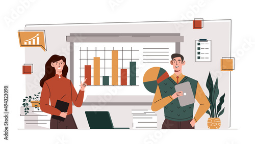 People making presentation. Man and girl with diagrams and graphs. Working with statistics, analytical department evaluates prospects of company, marketing research. Cartoon flat vector illustration