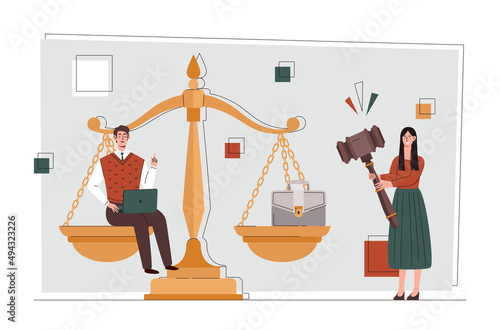 Law and justice. Man and woman next to scales, legislation. Lawyers team, modern copyright protection. Becoming legal advice, consultation. Symbol and metaphor. Cartoon flat vector illustration