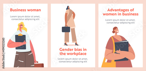 Banners with Business Women, Confident Female Characters Wear Formal Clothes. Diverse Office Persons, Gender Bias