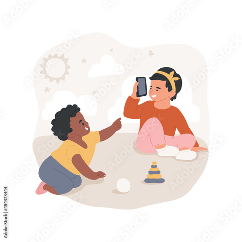 Real-world play isolated cartoon vector illustration. Toddlers play real-world, children using toy phone, pretend game, social and emotional skills, kindergarten activity vector cartoon.
