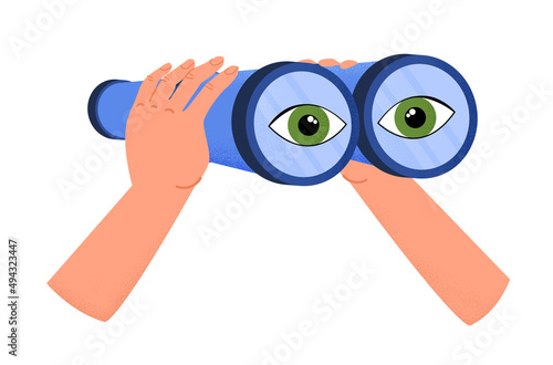 Hands holding binoculars. Metaphor for supervision or recruitment of employees in company. Staff expansion or espionage. Character interested in life of another. Cartoon flat vector illustration