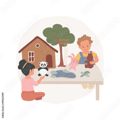 Create homes for toy animal isolated cartoon vector illustration. Child plays with toy animals, building home game, thinking skills, kindergarten creative activity, daycare vector cartoon.