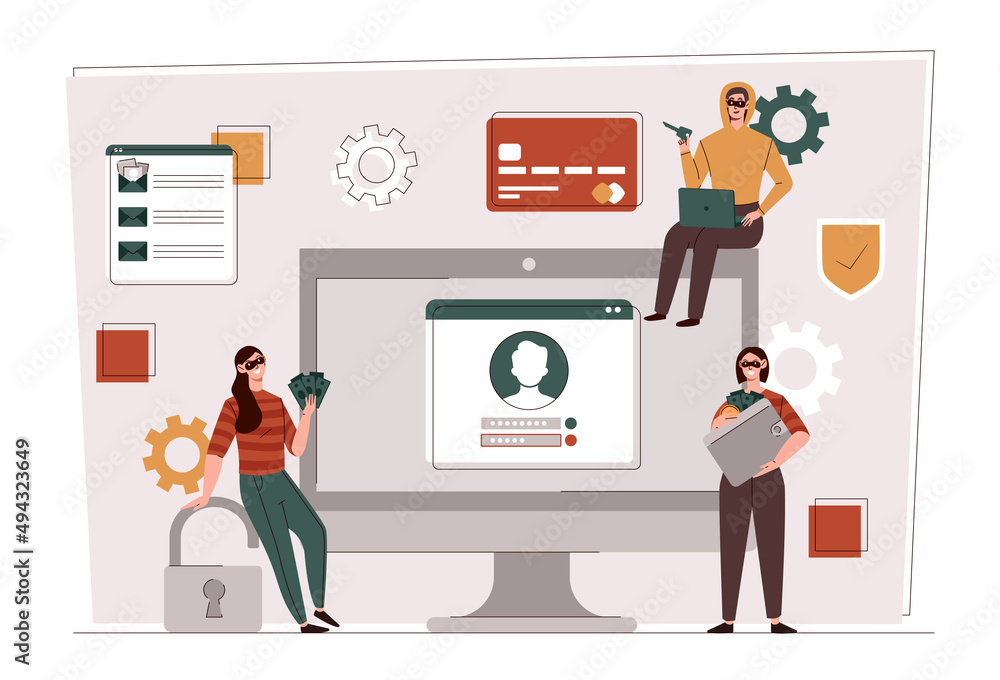 Hackers Team concept. People in masks on background of computer, programmers with criminal intentions. Fraudsters and liars. Modern technologies and digital world. Cartoon flat vector illustration Hackers Team concept. People in masks on background of computer, programmers with criminal intentions. Fraudsters and liars. Modern technologies and digital world. Cartoon flat vector illustration