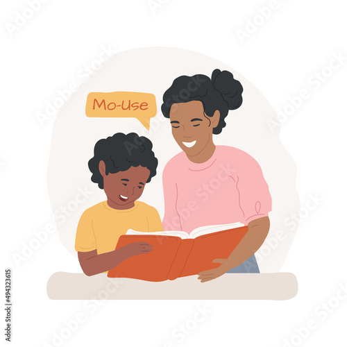 Reading books aloud isolated cartoon vector illustration. First reading skills, listen to books read aloud, thinking and learning skills, early education, kindergarten activity vector cartoon.