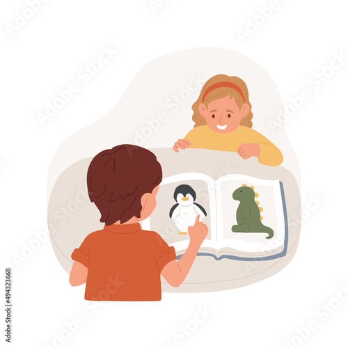 Turning pages of picture book isolated cartoon vector illustration. Child looking at pictures in book, learning and mental skills, toddler literacy development, early education vector cartoon.