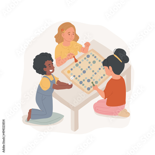 Playing board games isolated cartoon vector illustration. Children play tabletop puzzle and board game, enrichment activity, thinking skills development, before and after school vector cartoon.