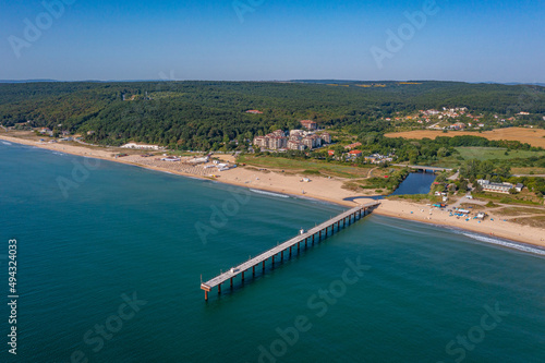 Aerial view of a jetty and beach in Bulgarian village Shkorpilovtsi. photo