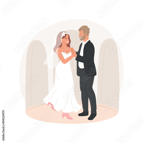 Father-daughter dance isolated cartoon vector illustration. Elderly father dancing with bride, wedding ceremony tradition, dance hall, daughter getting married, white dress vector cartoon.