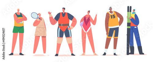 Athletes Male and Female Characters Stand in Row. Runner, Tennis or Basketball Player, Skier, Weightlifter Wear Uniform