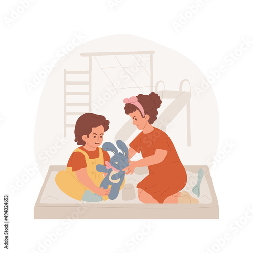 Siblings rivalry isolated cartoon vector illustration. Siblings sharing playground, childhood problem, two toddlers tear the toy apart, screaming and crying, brothers rivalry vector cartoon.