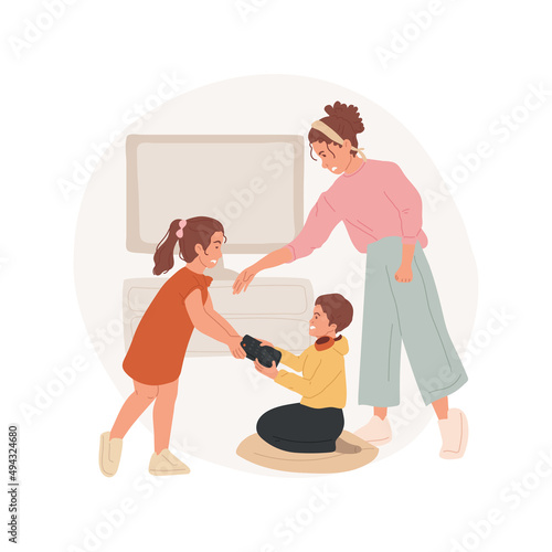 Fighting siblings isolated cartoon vector illustration. Toddlers kick each other, parent going crazy, trying to stop the fight, siblings rivalry, fight for toy, family problem vector cartoon.