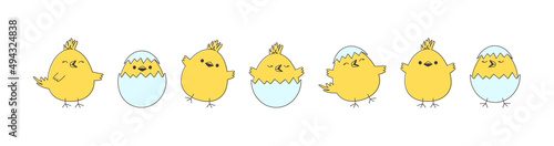 Chick Easter vector, cartoon chicken baby and egg, cute little bird, yellow funny animal set isolated on white background. Simple drawing illustration