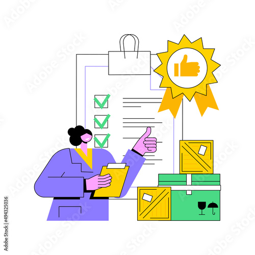 Product quality control abstract concept vector illustration. Product safety standard, customer feedback, warranty certificate, production line, business success, inspection abstract metaphor.