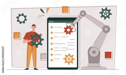 Digital era concept. Man with gear in his hands on background of smartphone. Metaphor of technical support and programmer. Modern technologies and innovations. Cartoon flat vector illustration