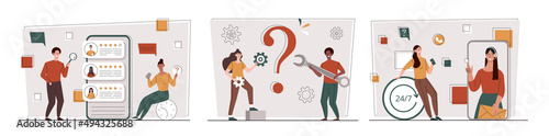 Customer support set. Collection of business scenes with feedback. Frequently asked questions, call center and chatting, assistant. Cartoon flat vector illustrations isolated on white background
