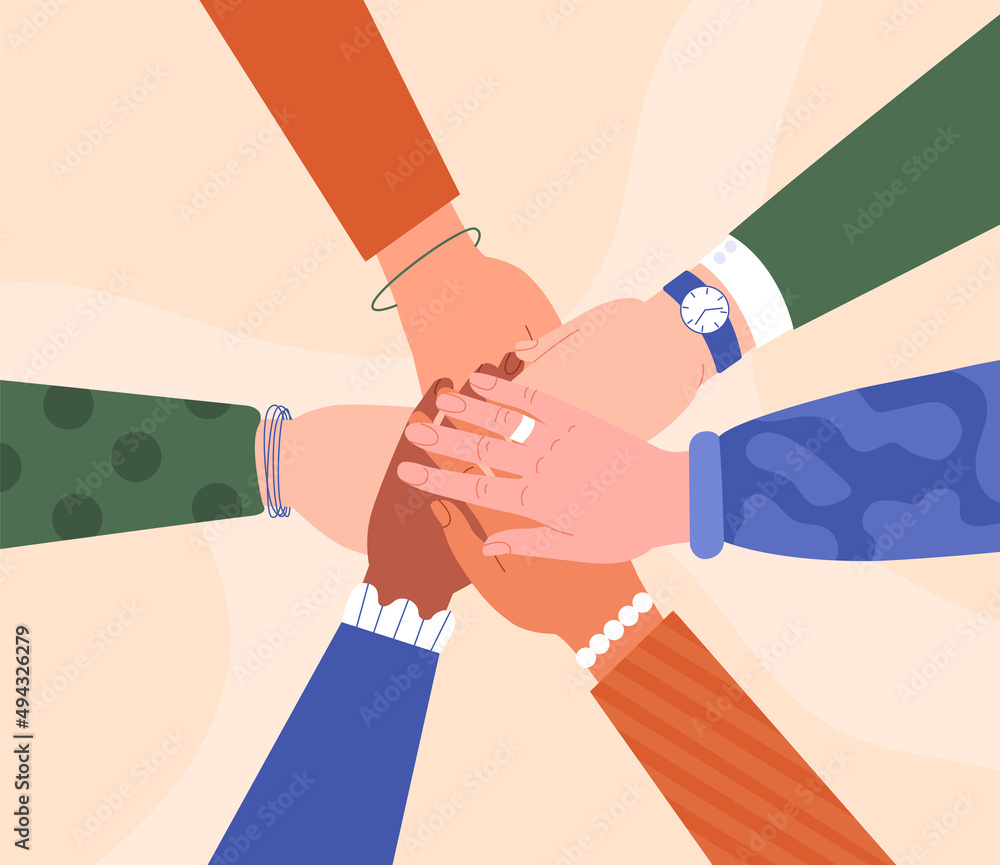 Concept of cooperation. People put their hands on each other. Metaphor of equality and unity, globalization. Posters or banners, graphic elements for website. Cartoon flat vector illustration Stock Vector | Adobe Stock Concept of cooperation. People put their hands on each other. Metaphor of equality and unity, globalization. Posters or banners, graphic elements for website. Cartoon flat vector illustration Stock Vector | Adobe Stock