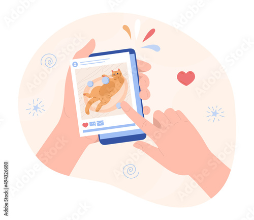 Cats in social media. Photos of pets, happy owner. Approval metaphor, likes and feedback, reviews. Putting likes and commenting posts, person use smartphone. Cartoon flat vector illustration