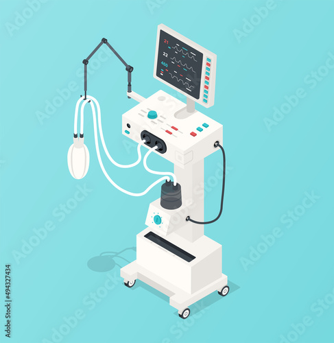 Mechanical ventilation system. Special devices for protection of lungs, care for the respiratory system. Innovation and implementation of new technologies. Cartoon isometric vector illustration