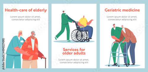 Medical Care of Elderly People Banners. Medics Help Old Disabled People in Nursing Home or Clinic. Social Nurse Service