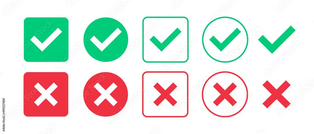 Green check mark and red cross mark icon set. Isolated tick symbols. Checklist signs. Approval badge. Flat and modern checkmark design. Vector illustration Green check mark and red cross mark icon set. Isolated tick symbols. Checklist signs. Approval badge. Flat and modern checkmark design. Vector illustration