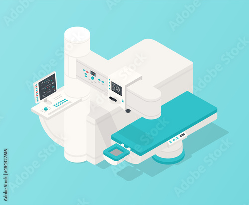 LASIK device concept. Special equipment, innovation and futuristic technology. Bed for research, science. Poster or banner for medical site. Comprehensive diagnosis. Isometric vector illustration