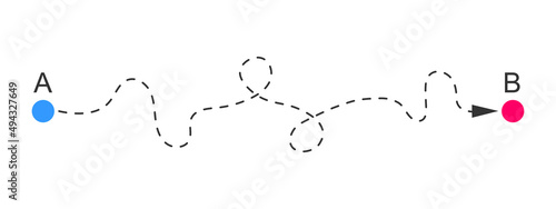 Curved dashed line from A to B start and finish points and direction arrow. Difficult way, chaos path, hard route symbol isolated on white background. Vector graphic illustration
