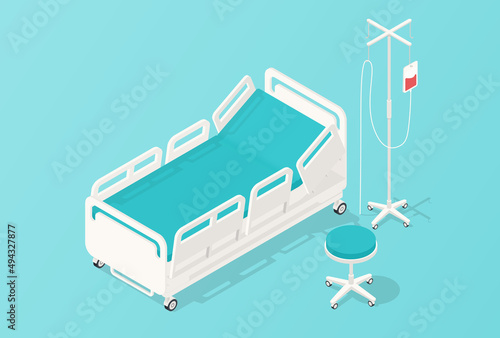 Hospital bed concept. Bedstead with dropper and place for care and maintenance of patients. Medical poster or banner, cabinet or ward furniture and decoration. Cartoon isometric vector illustration