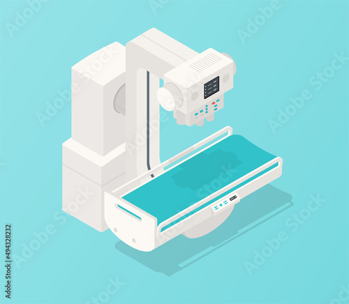 Digital X ray surgery. Modern methods of researching, technologies and innovations. Place for treatment and complex operations, health care and diagnosis. Cartoon isometric vector illustration