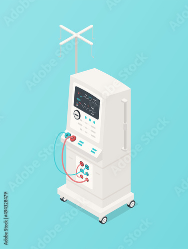 Dialysis machine concept. Modern technologies and medical devices. Expensive dodern equipment and innovations. Health check and diagnosis and treatment. Cartoon isometric vector illustration