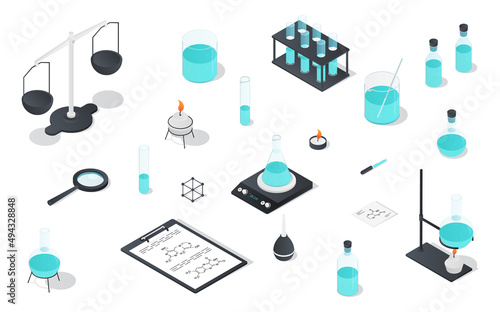 Chemical laboratory set. Collection of chemical elements and reagents. Scientific research and reactions. Stickers for social networks. Cartoon flat vector illustrations isolated on white background
