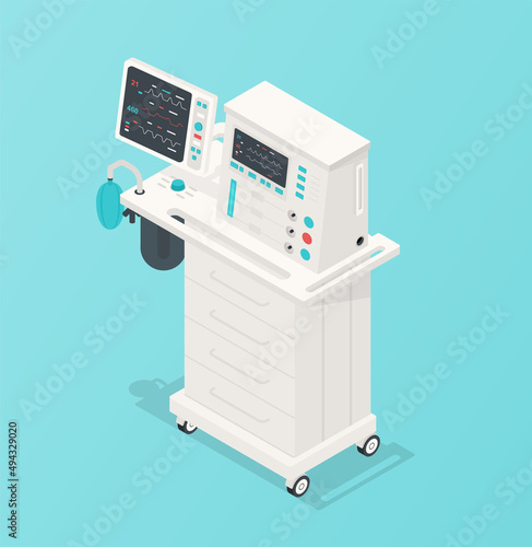 Anesthesia machine concept. Medical equipment, high tech equipment. treatment and health care. Apparatus for hospitals and clinics. Operation inventory. Cartoon isometric vector illustration