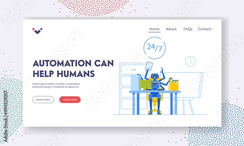 Automation can Help Human Landing Page Template. Ai Cyborg Character Multitasking at Office Desk, Rpa Vs Manual Labor