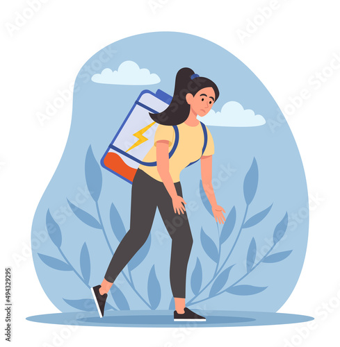 Tired woman concept. Girl with briefcase, woman with low energy. Overworked employee, burnout, stress and panic. Wrong distribution of forces and bored person. Cartoon flat vector illustration