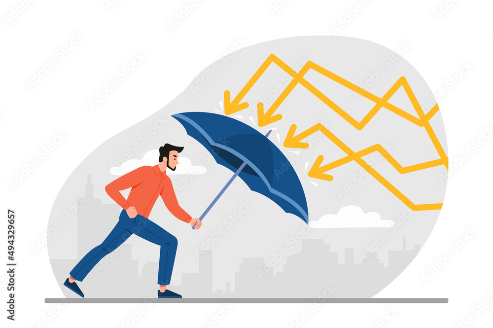 Protection in economy crisis. Man with umbrella hides from graphs and charts. Financial problems and difficulties. Security and savings, successful businessman. Cartoon flat vector illustration