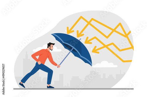 Protection in economy crisis. Man with umbrella hides from graphs and charts. Financial problems and difficulties. Security and savings, successful businessman. Cartoon flat vector illustration