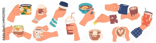 Set Human Hands Hold Different Mugs with Hot and Cold Refreshing Drinks Coffee, Soda, Tea or Juice Beverages in Cups