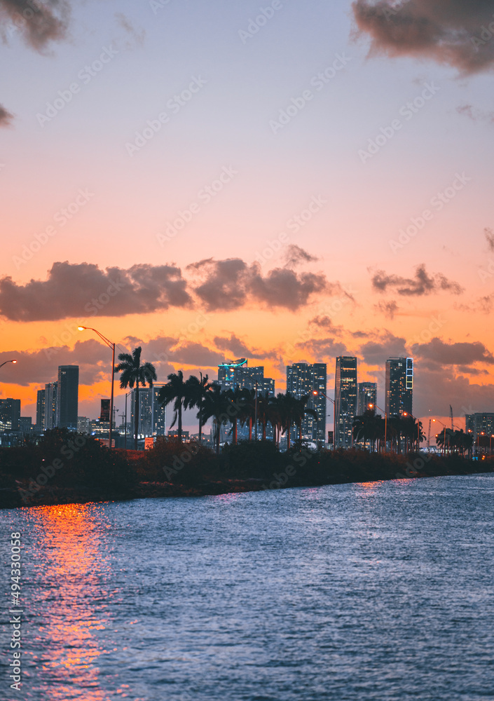 city skyline at sunset panorama downtown miami usa florida palms sea clouds sky city skyline at sunset panorama downtown miami usa florida palms sea clouds sky